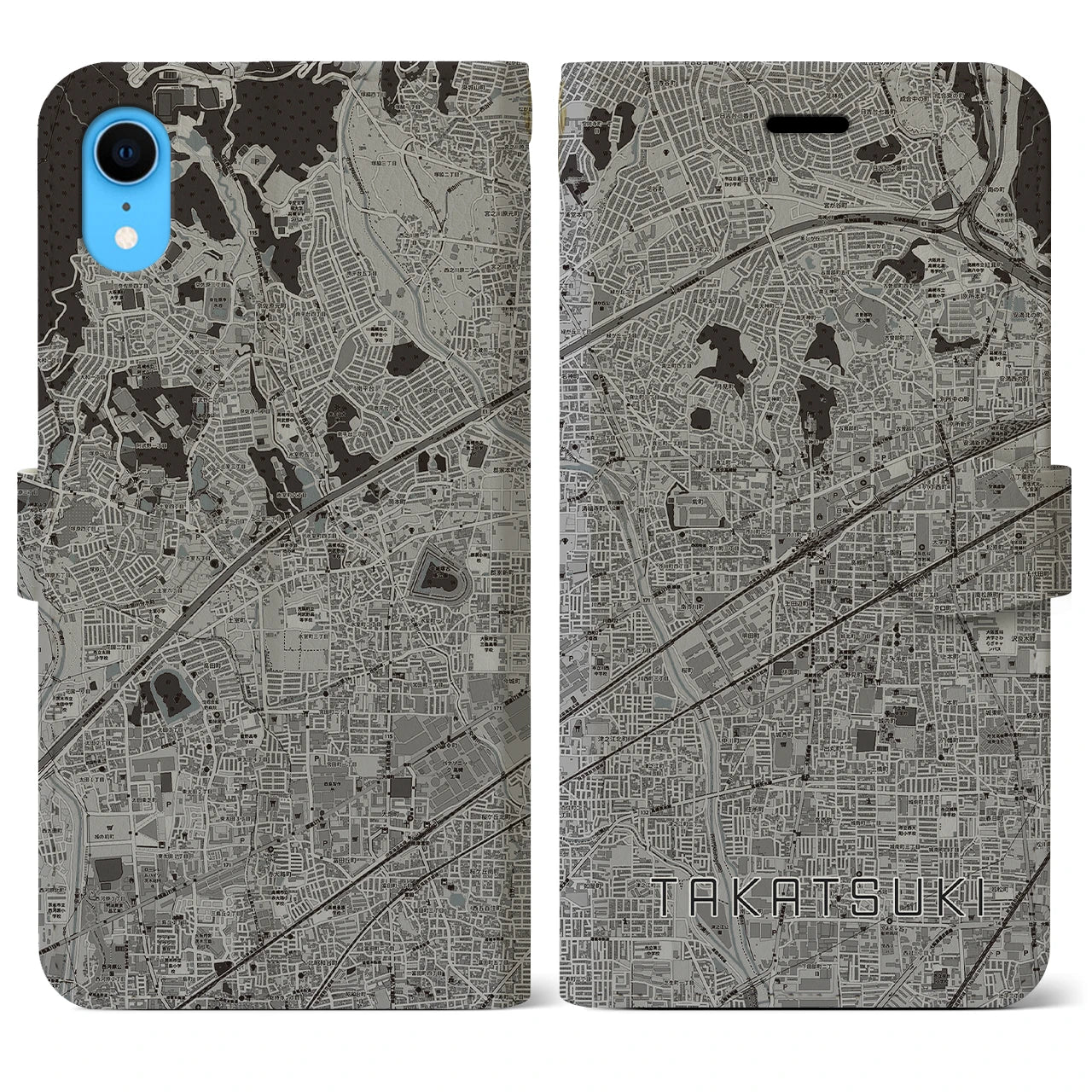 【高槻(大阪府)】地図柄iPhoneケース(手帳タイプ)モノトーン・iPhone XR 用