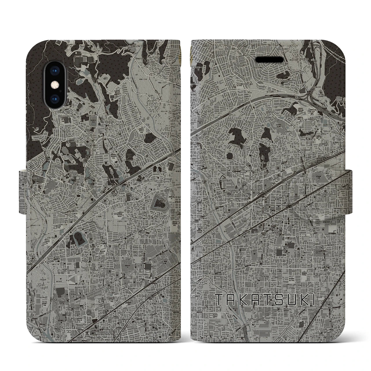 【高槻(大阪府)】地図柄iPhoneケース(手帳タイプ)モノトーン・iPhone XS / X 用