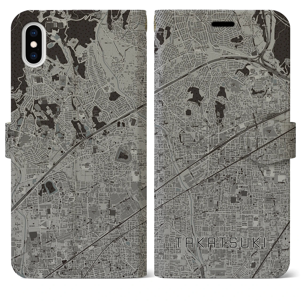 【高槻(大阪府)】地図柄iPhoneケース(手帳タイプ)モノトーン・iPhone XS Max 用