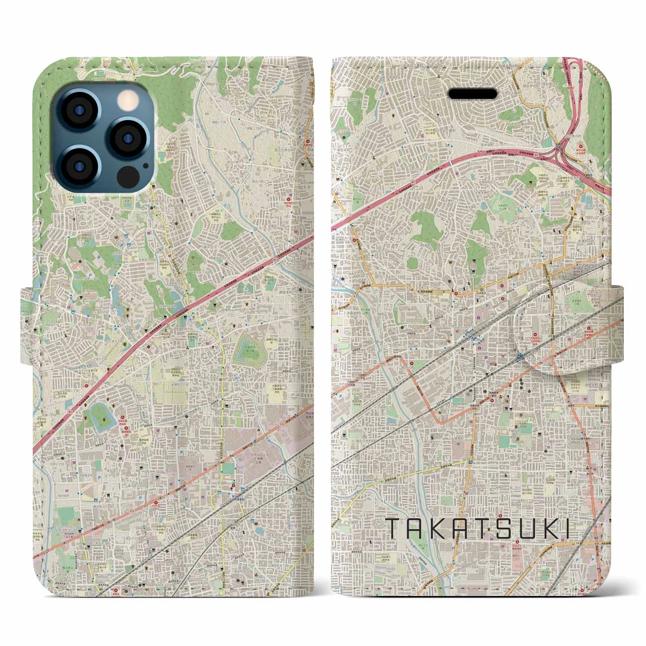 【高槻(大阪府)】地図柄iPhoneケース(手帳タイプ)ナチュラル・iPhone 12 / 12 Pro 用