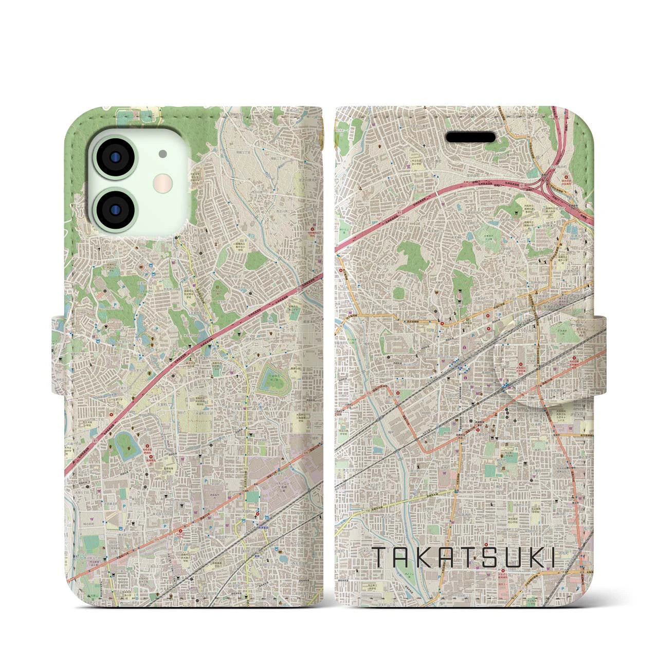 【高槻(大阪府)】地図柄iPhoneケース(手帳タイプ)ナチュラル・iPhone 12 mini 用