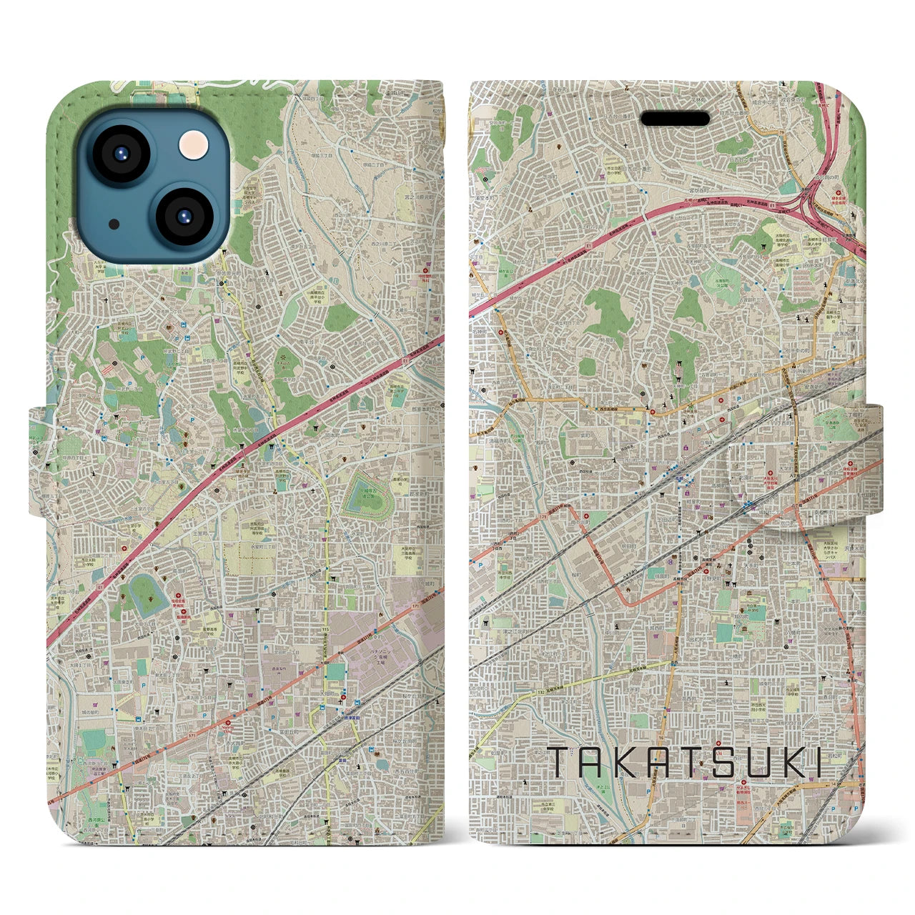 【高槻(大阪府)】地図柄iPhoneケース(手帳タイプ)ナチュラル・iPhone 13 用