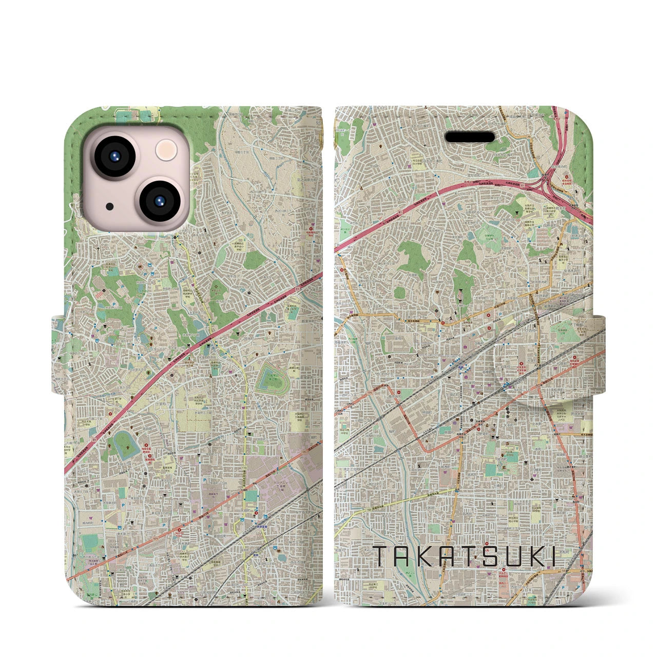 【高槻(大阪府)】地図柄iPhoneケース(手帳タイプ)ナチュラル・iPhone 13 mini 用