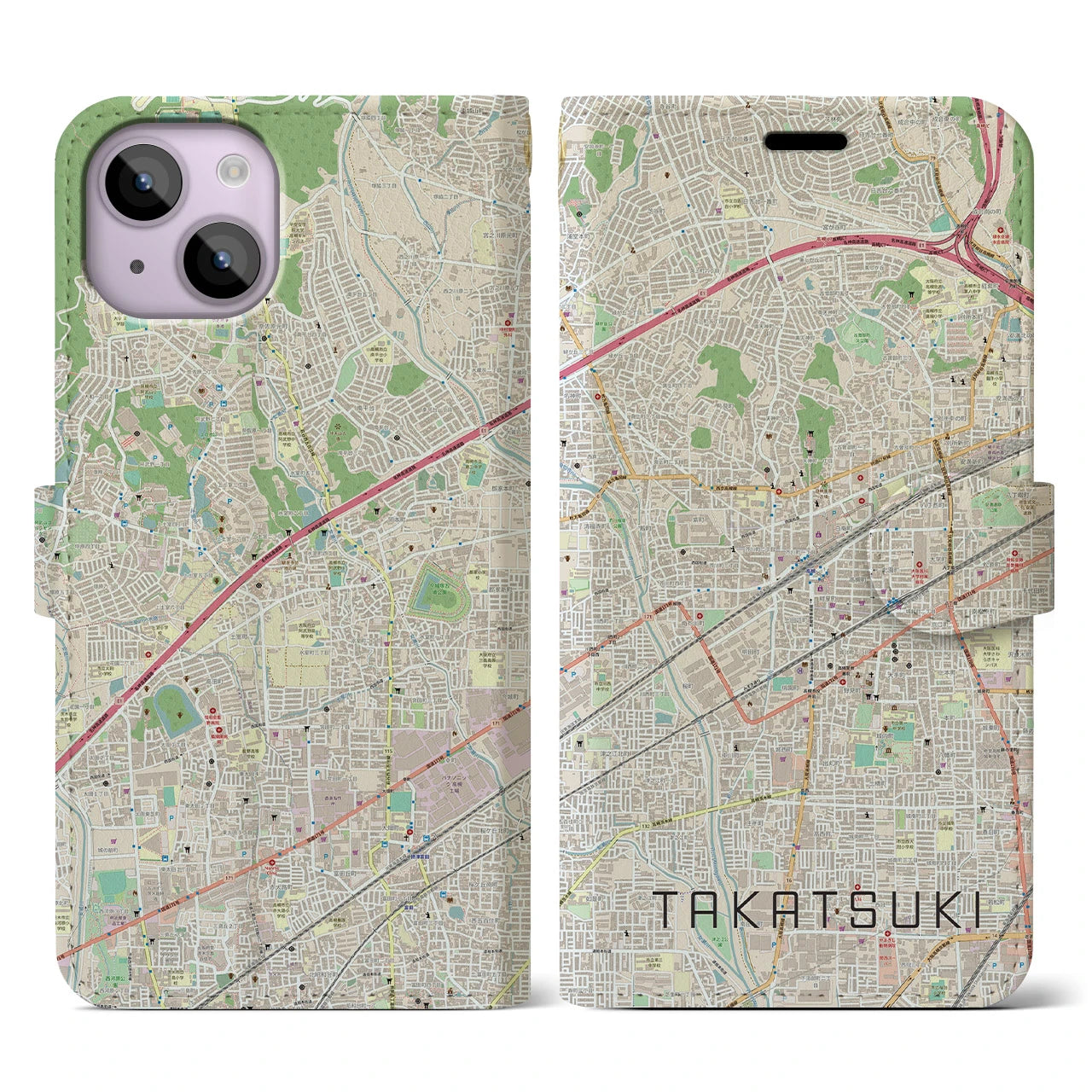 【高槻(大阪府)】地図柄iPhoneケース(手帳タイプ)ナチュラル・iPhone 14 用