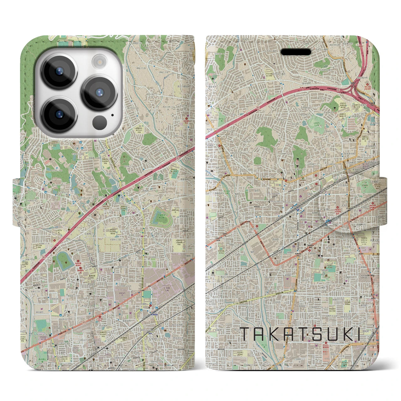 【高槻(大阪府)】地図柄iPhoneケース(手帳タイプ)ナチュラル・iPhone 14 Pro 用