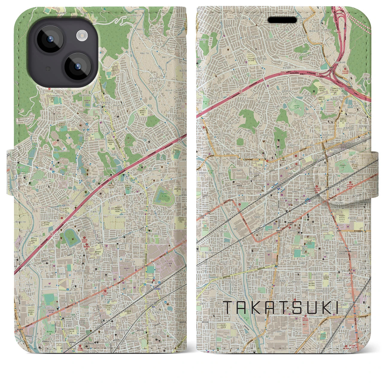 【高槻(大阪府)】地図柄iPhoneケース(手帳タイプ)ナチュラル・iPhone 14 Plus 用