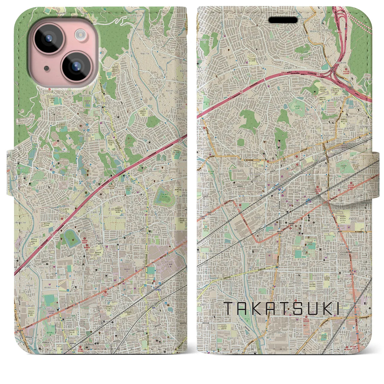 【高槻(大阪府)】地図柄iPhoneケース(手帳タイプ)ナチュラル・iPhone 15 Plus 用