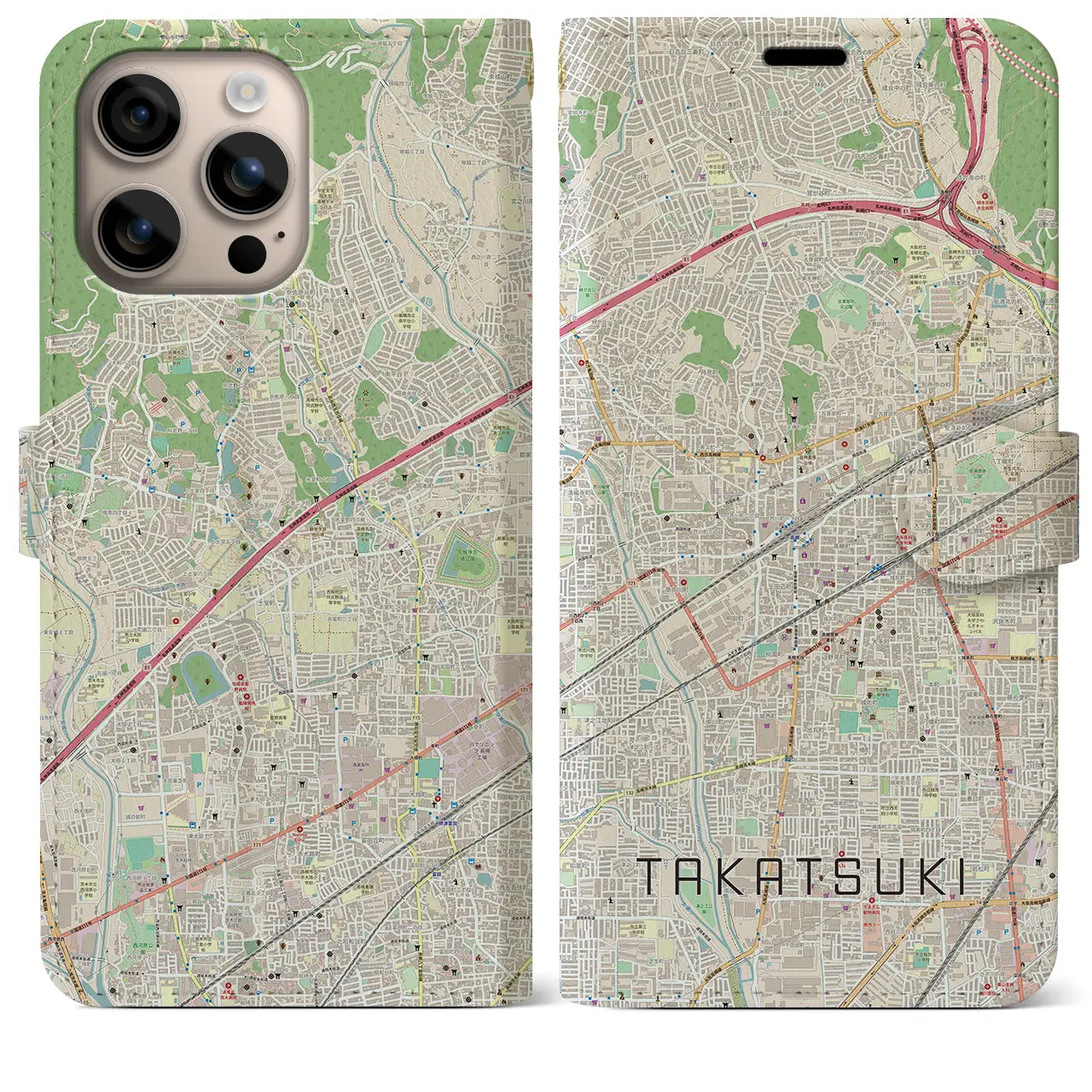 【高槻(大阪府)】地図柄iPhoneケース(手帳タイプ)ナチュラル・iPhone 16 Plus 用