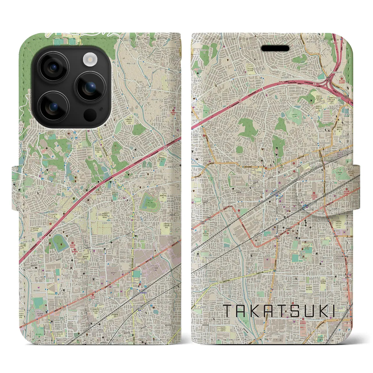 【高槻(大阪府)】地図柄iPhoneケース(手帳タイプ)ナチュラル・iPhone 16 用