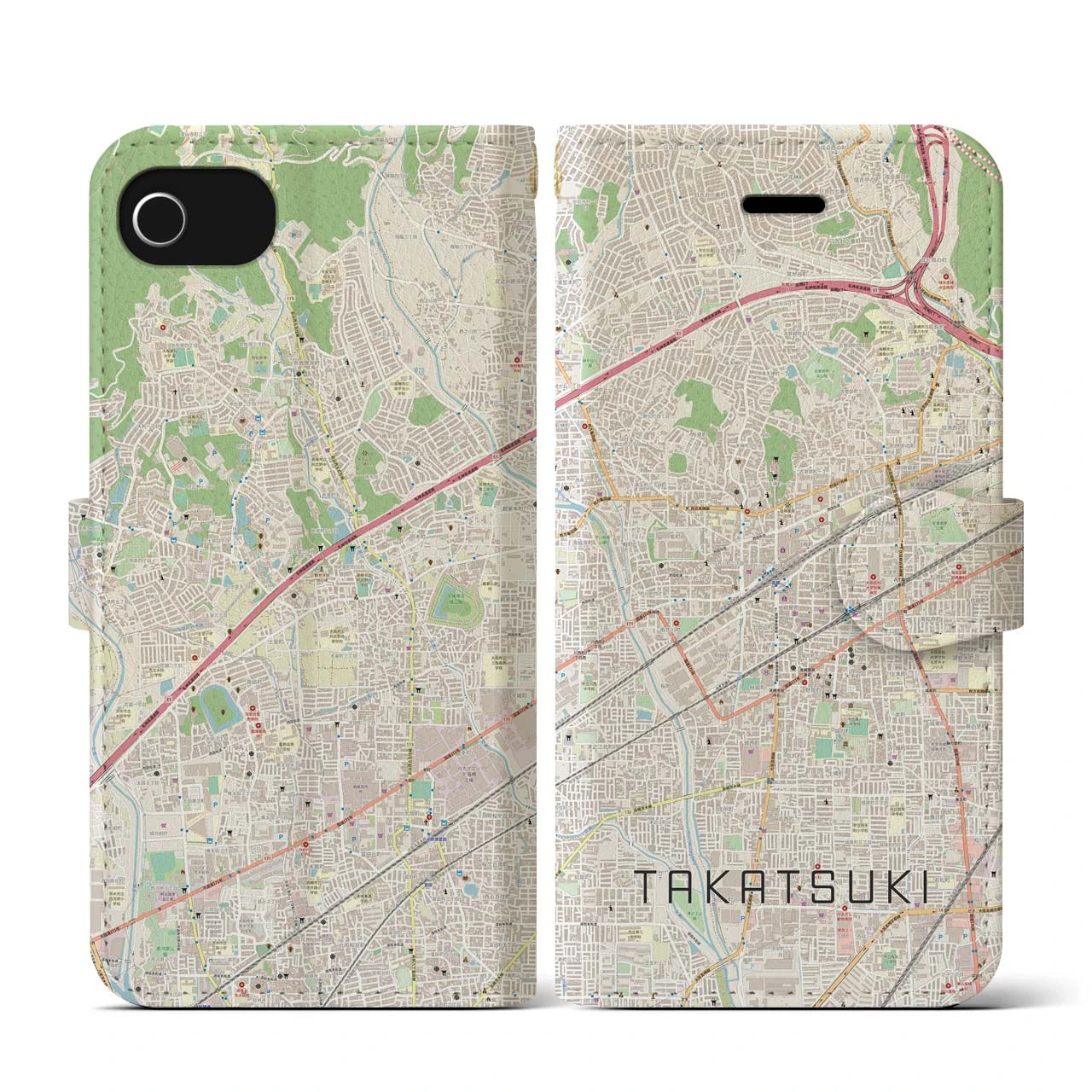 【高槻(大阪府)】地図柄iPhoneケース(手帳タイプ)ナチュラル・iPhone SE(第3 / 第2世代) / 8 / 7 / 6s / 6 用