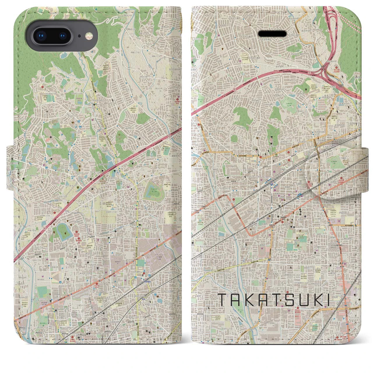 【高槻(大阪府)】地図柄iPhoneケース(手帳タイプ)ナチュラル・iPhone 8Plus /7Plus / 6sPlus / 6Plus 用