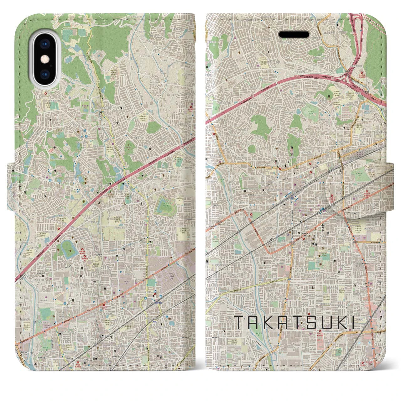 【高槻(大阪府)】地図柄iPhoneケース(手帳タイプ)ナチュラル・iPhone XS Max 用
