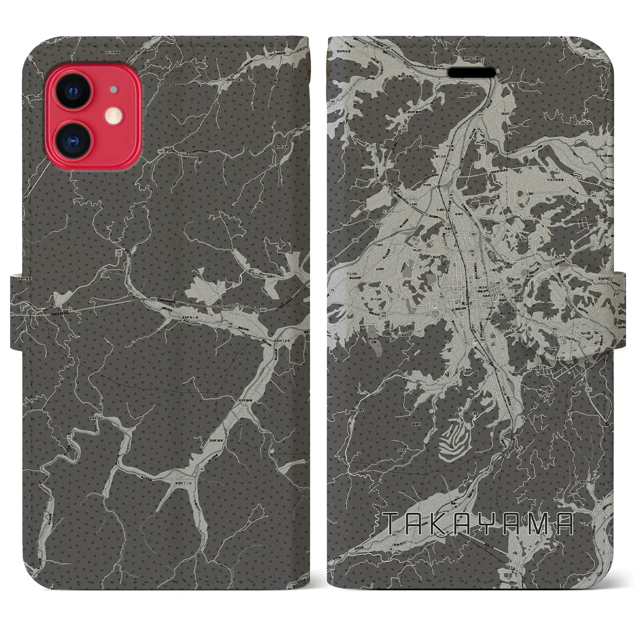 【高山(岐阜県)】地図柄iPhoneケース(手帳タイプ)モノトーン・iPhone 11 用
