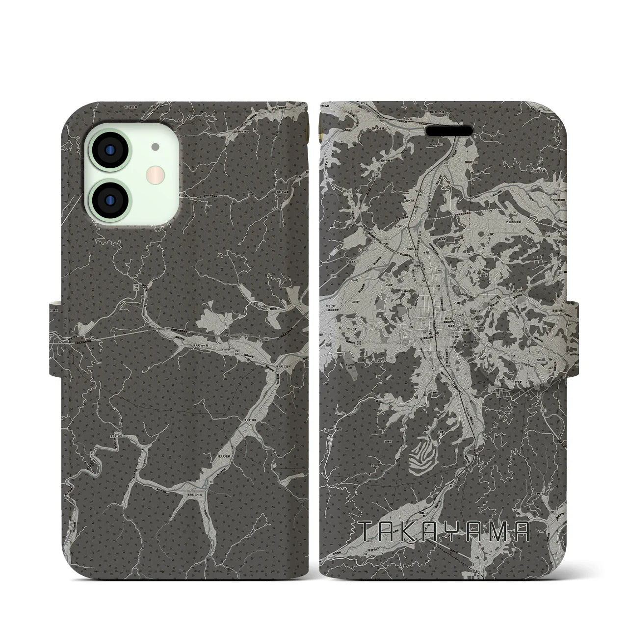 【高山(岐阜県)】地図柄iPhoneケース(手帳タイプ)モノトーン・iPhone 12 mini 用