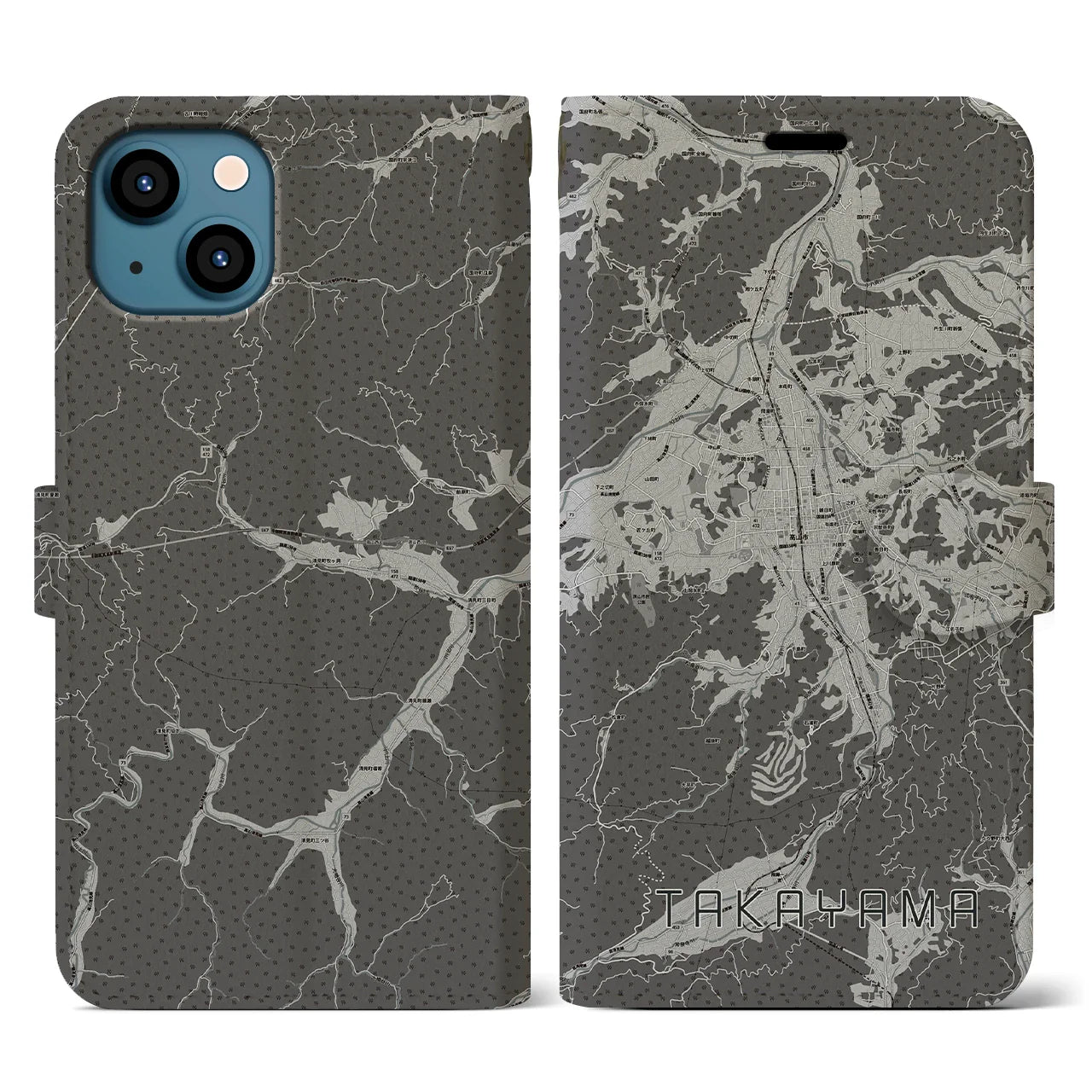 【高山(岐阜県)】地図柄iPhoneケース(手帳タイプ)モノトーン・iPhone 13 用