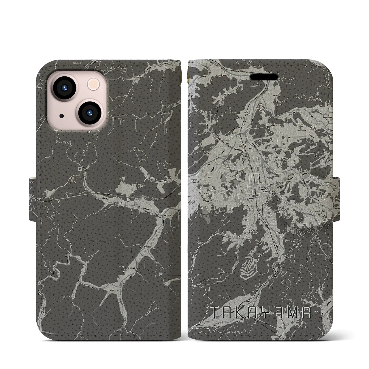 【高山(岐阜県)】地図柄iPhoneケース(手帳タイプ)モノトーン・iPhone 13 mini 用