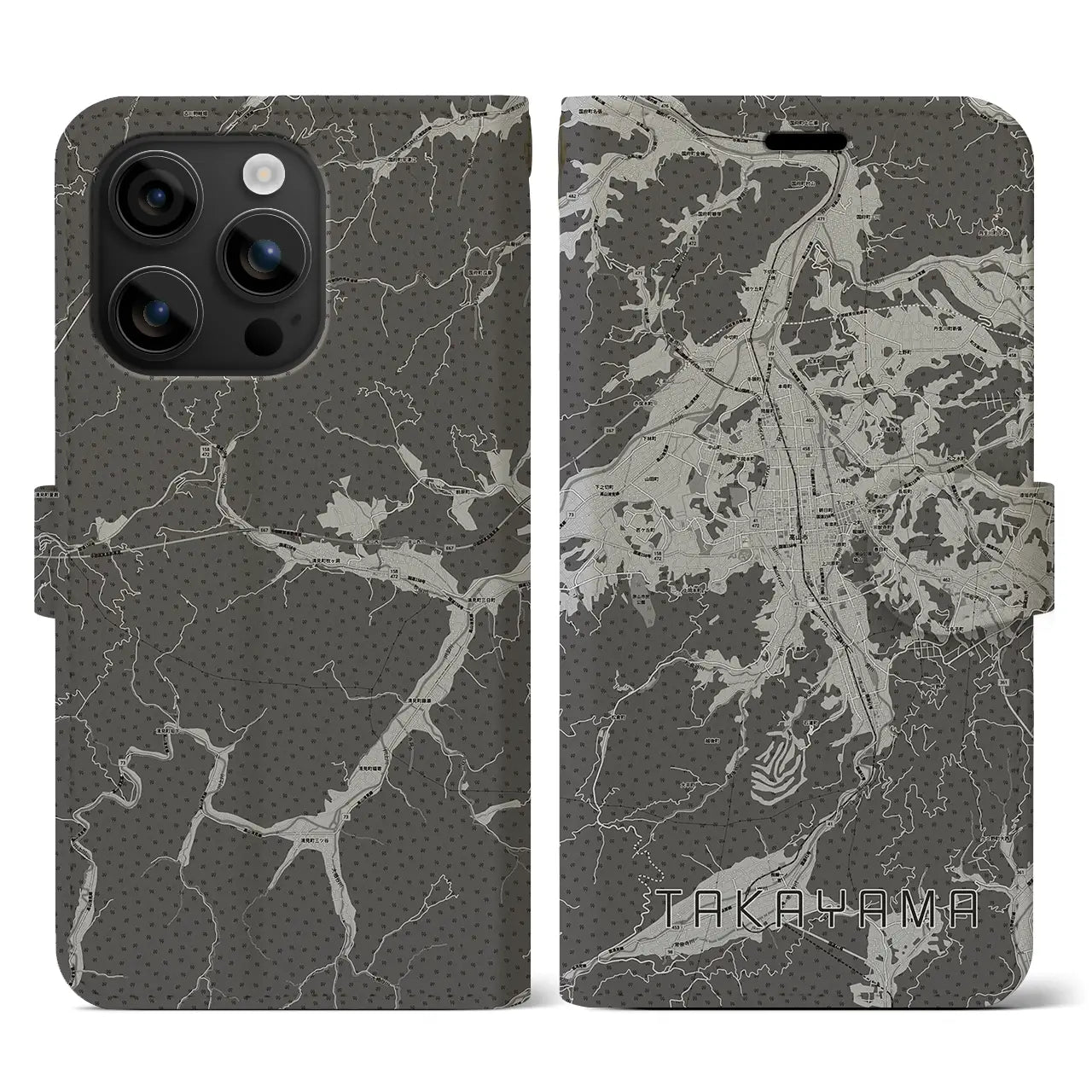 【高山(岐阜県)】地図柄iPhoneケース(手帳タイプ)モノトーン・iPhone 16 用