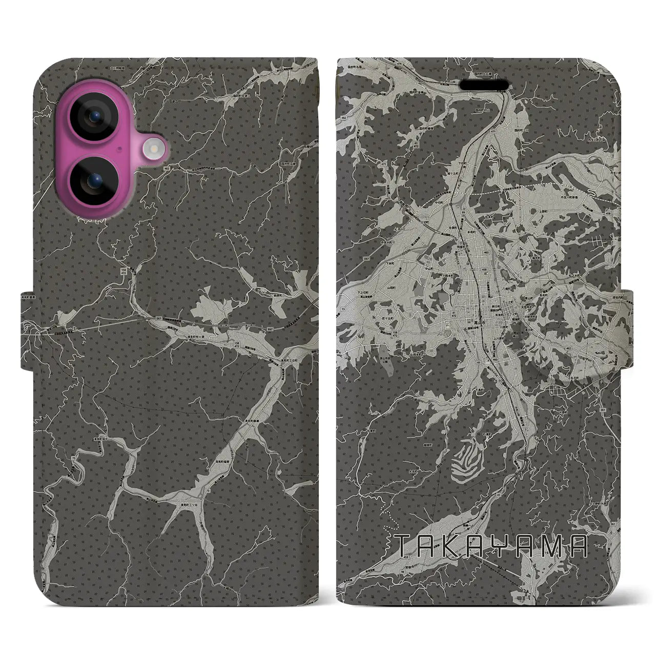 【高山(岐阜県)】地図柄iPhoneケース(手帳タイプ)モノトーン・iPhone 16 Pro 用