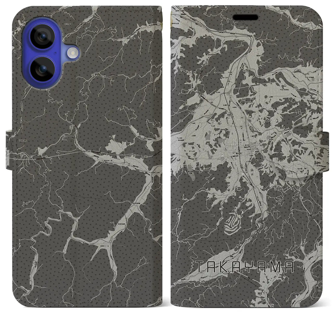 【高山(岐阜県)】地図柄iPhoneケース(手帳タイプ)モノトーン・iPhone 16 Pro Max 用