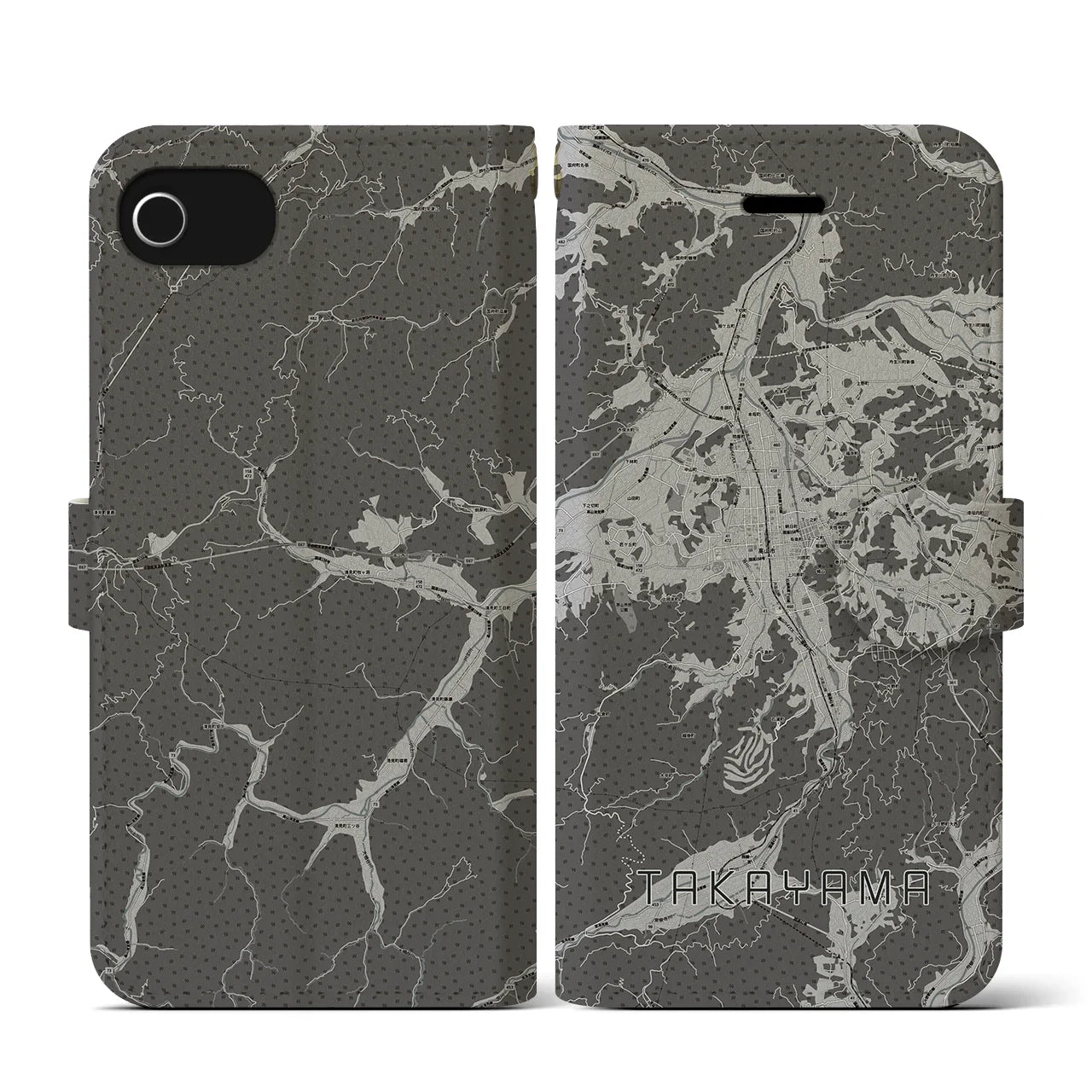 【高山(岐阜県)】地図柄iPhoneケース(手帳タイプ)モノトーン・iPhone SE(第3 / 第2世代) / 8 / 7 / 6s / 6 用