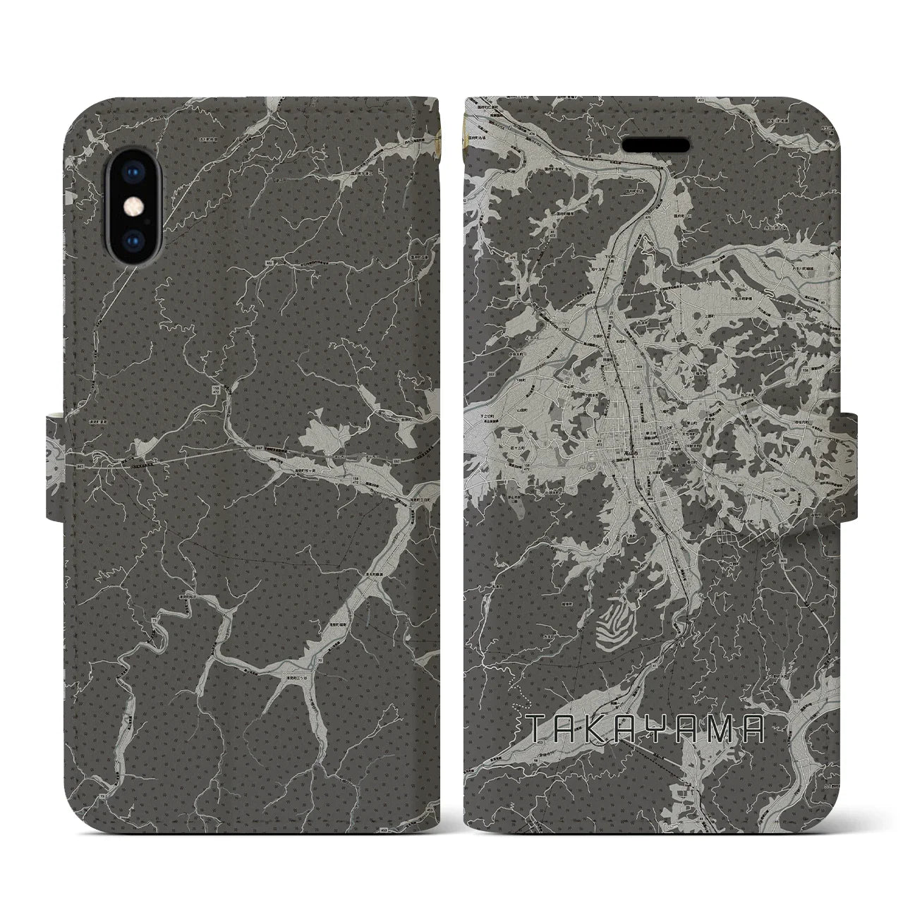 【高山(岐阜県)】地図柄iPhoneケース(手帳タイプ)モノトーン・iPhone XS / X 用