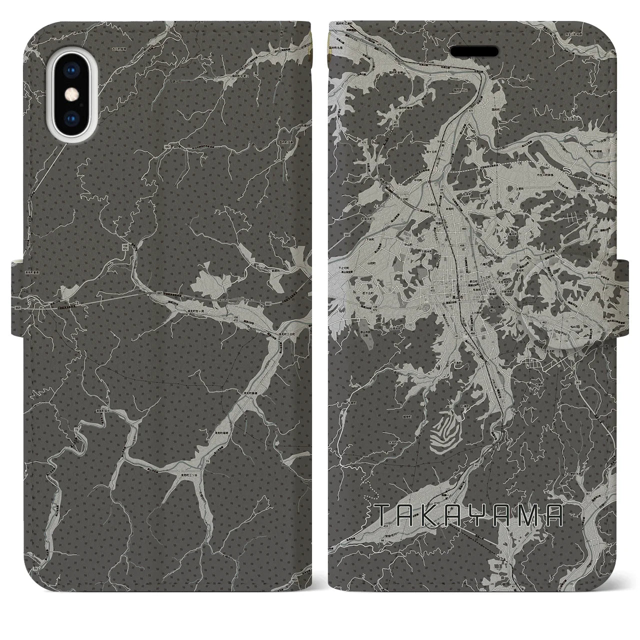【高山(岐阜県)】地図柄iPhoneケース(手帳タイプ)モノトーン・iPhone XS Max 用
