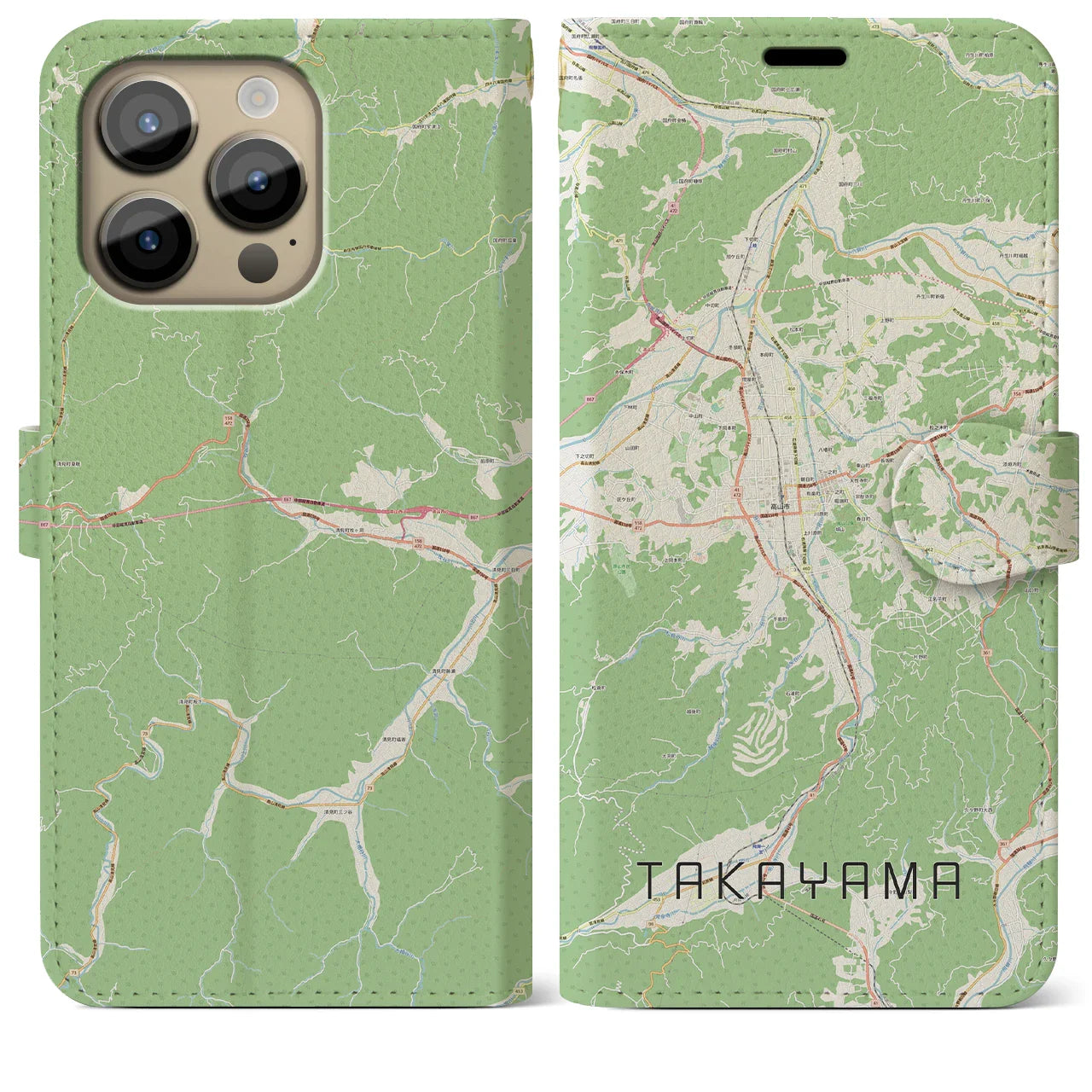 【高山(岐阜県)】地図柄iPhoneケース(手帳タイプ)ナチュラル・iPhone 14 Pro Max 用