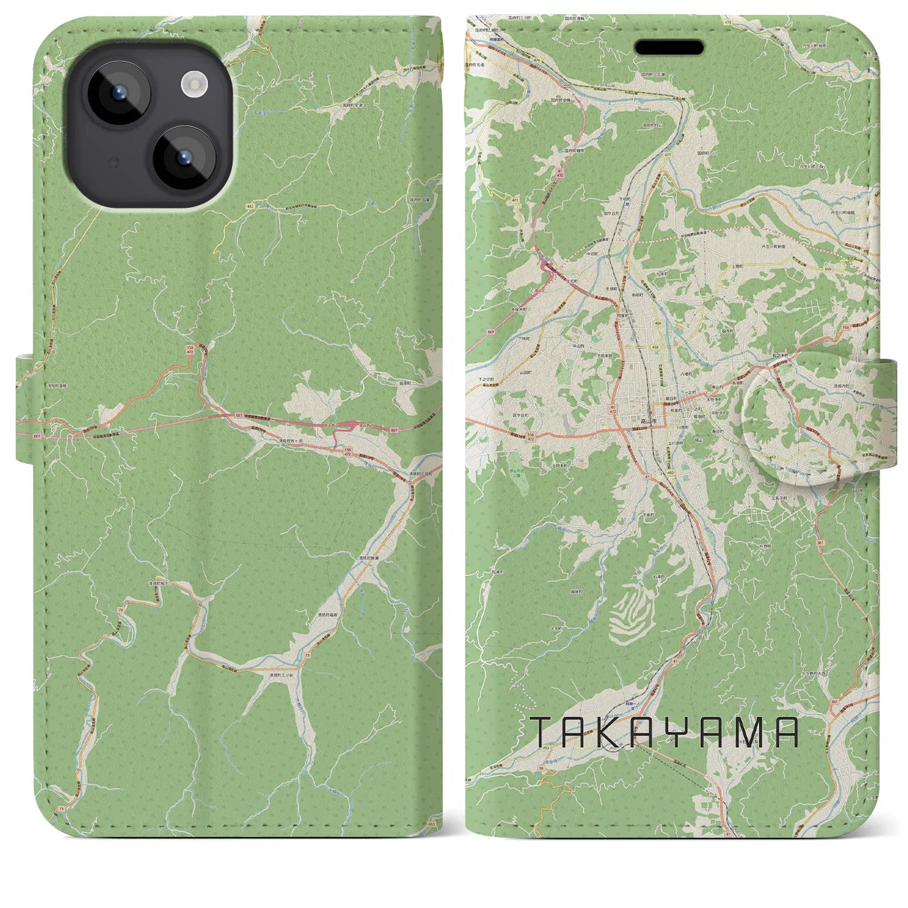 【高山(岐阜県)】地図柄iPhoneケース(手帳タイプ)ナチュラル・iPhone 14 Plus 用