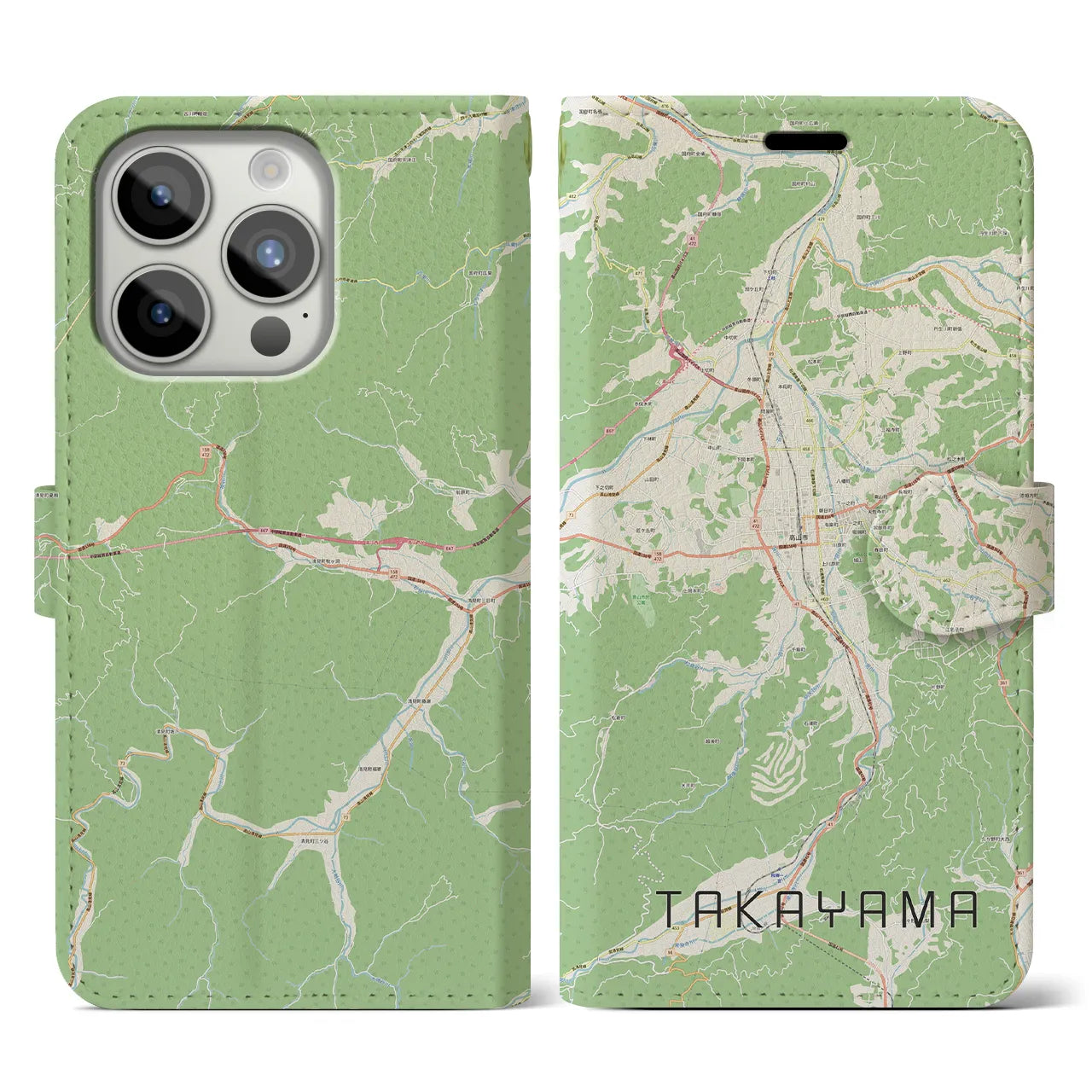 【高山(岐阜県)】地図柄iPhoneケース(手帳タイプ)ナチュラル・iPhone 15 Pro 用