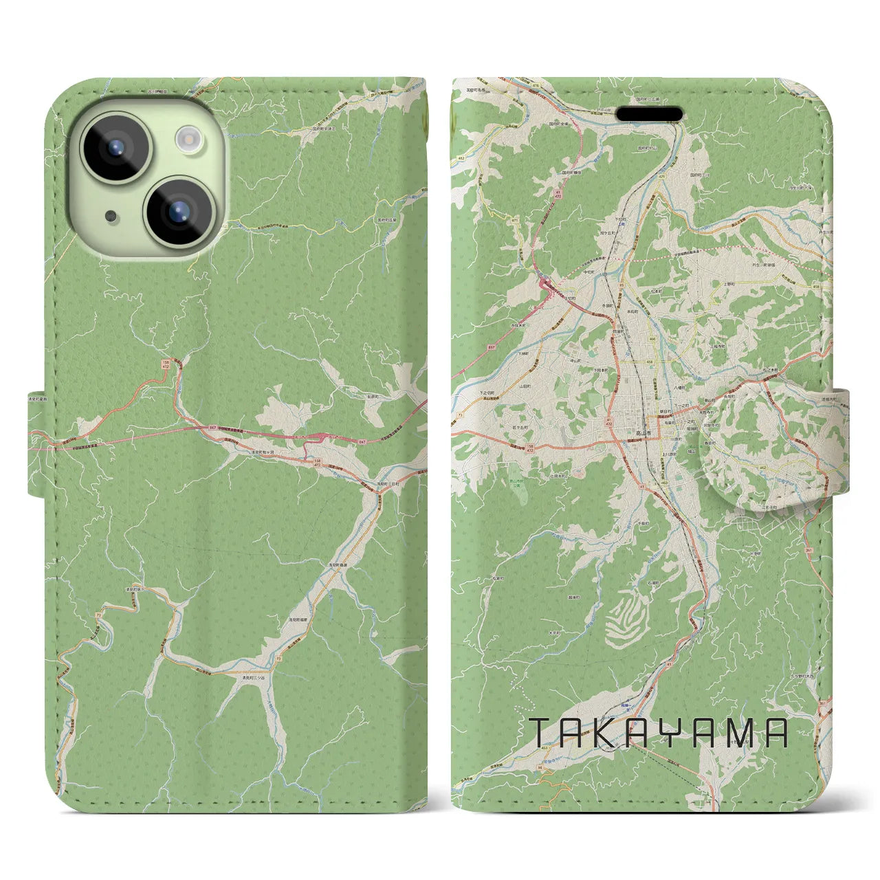 【高山(岐阜県)】地図柄iPhoneケース(手帳タイプ)ナチュラル・iPhone 15 用
