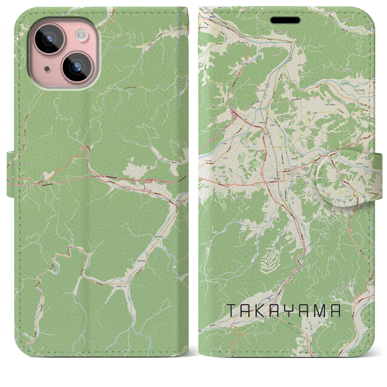 【高山(岐阜県)】地図柄iPhoneケース(手帳タイプ)ナチュラル・iPhone 15 Plus 用