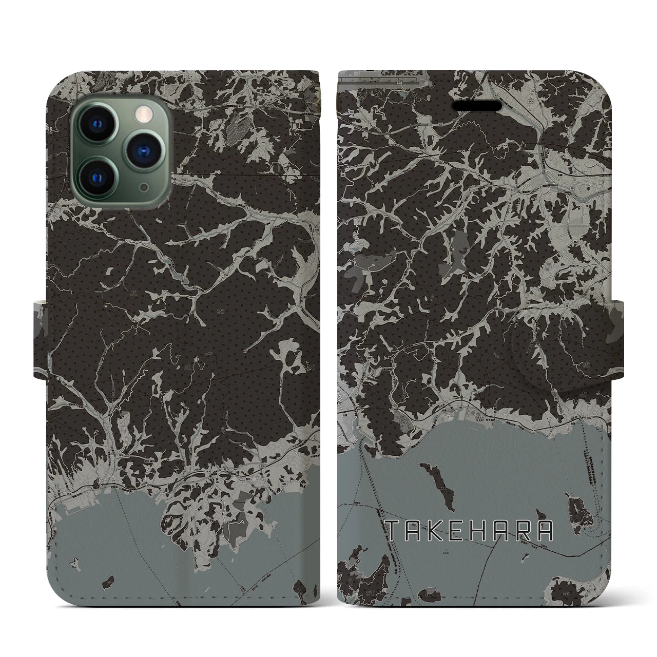 【竹原(広島県)】地図柄iPhoneケース(手帳タイプ)モノトーン・iPhone 11 Pro 用
