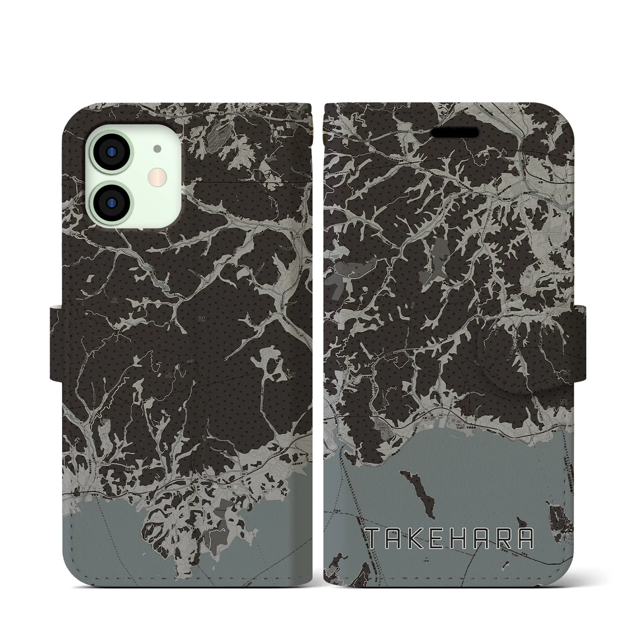 【竹原(広島県)】地図柄iPhoneケース(手帳タイプ)モノトーン・iPhone 12 mini 用
