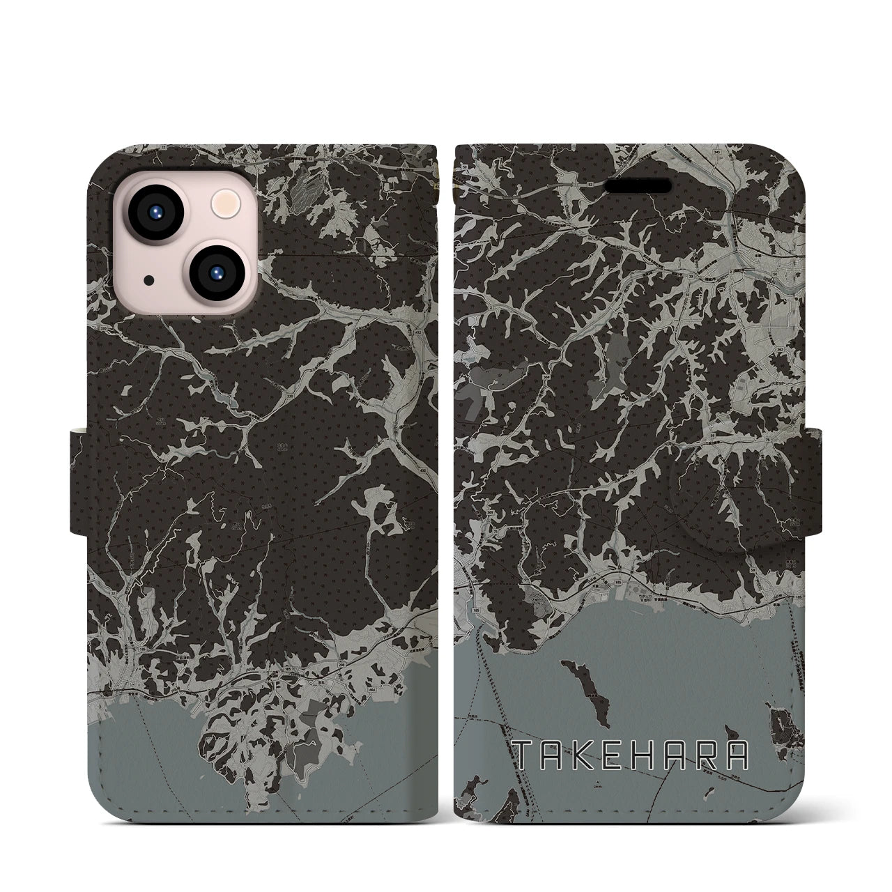【竹原(広島県)】地図柄iPhoneケース(手帳タイプ)モノトーン・iPhone 13 mini 用