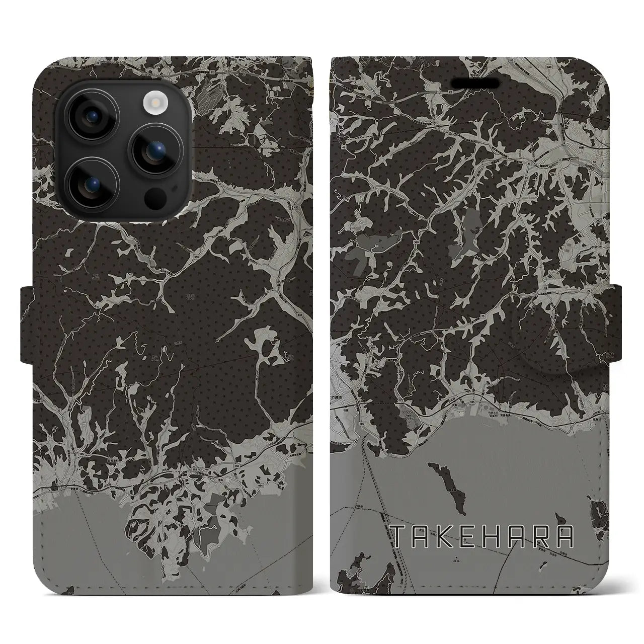 【竹原(広島県)】地図柄iPhoneケース(手帳タイプ)モノトーン・iPhone 16 用