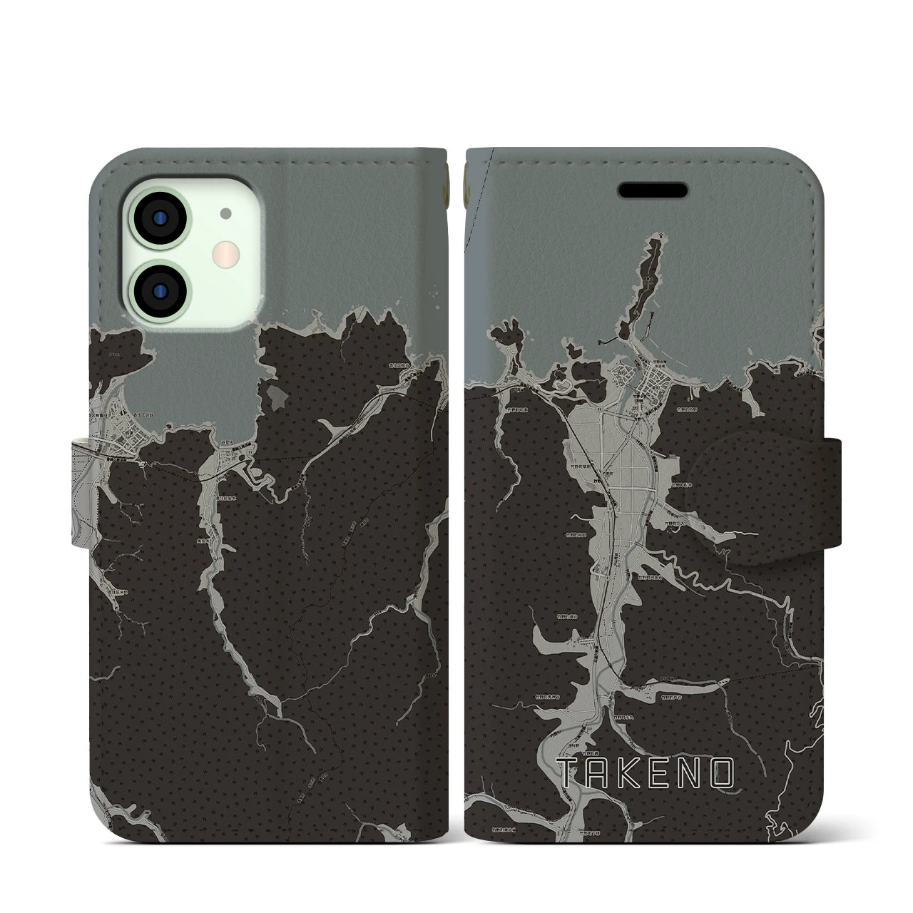 【竹野(兵庫県)】地図柄iPhoneケース(手帳タイプ)モノトーン・iPhone 12 mini 用