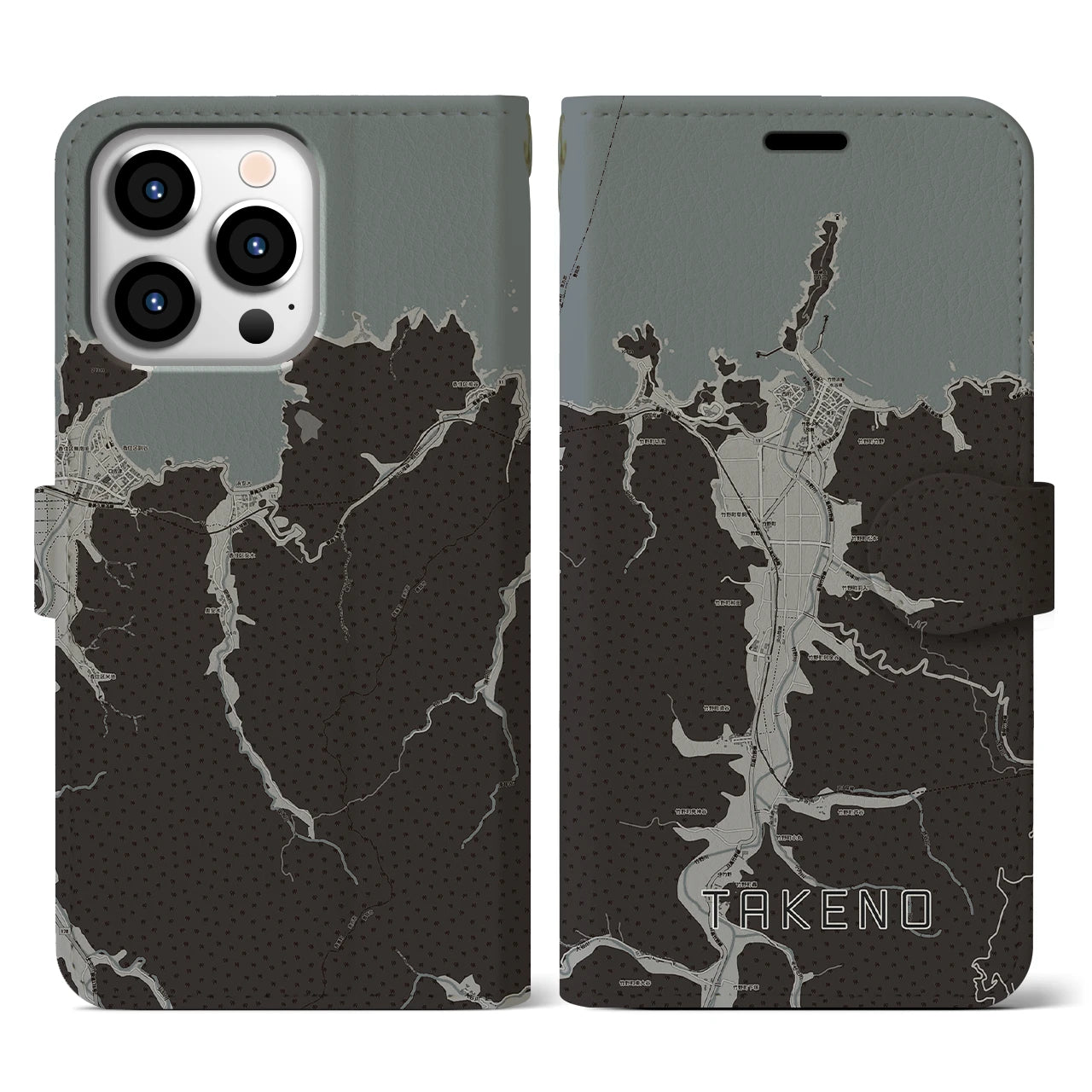 【竹野(兵庫県)】地図柄iPhoneケース(手帳タイプ)モノトーン・iPhone 13 Pro 用