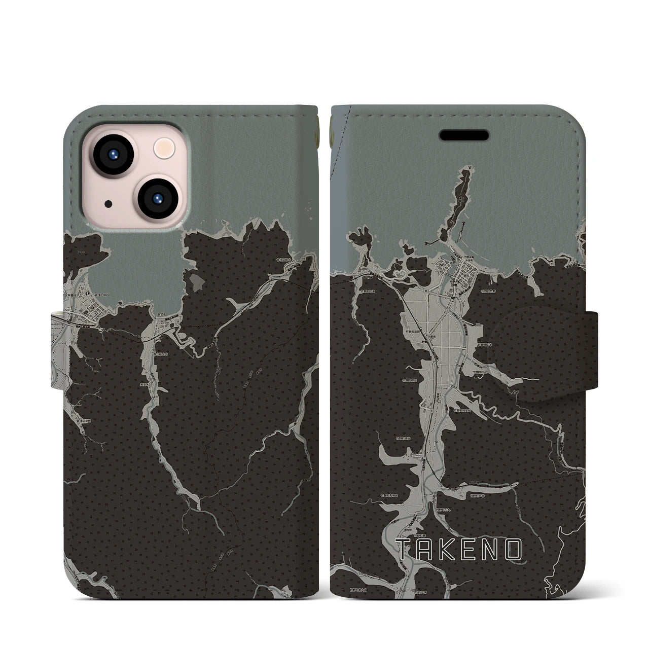【竹野(兵庫県)】地図柄iPhoneケース(手帳タイプ)モノトーン・iPhone 13 mini 用