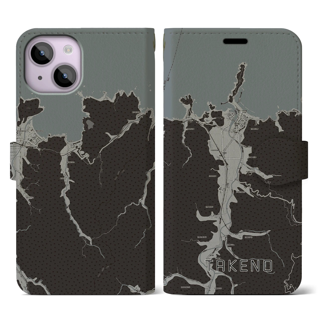 【竹野(兵庫県)】地図柄iPhoneケース(手帳タイプ)モノトーン・iPhone 14 用