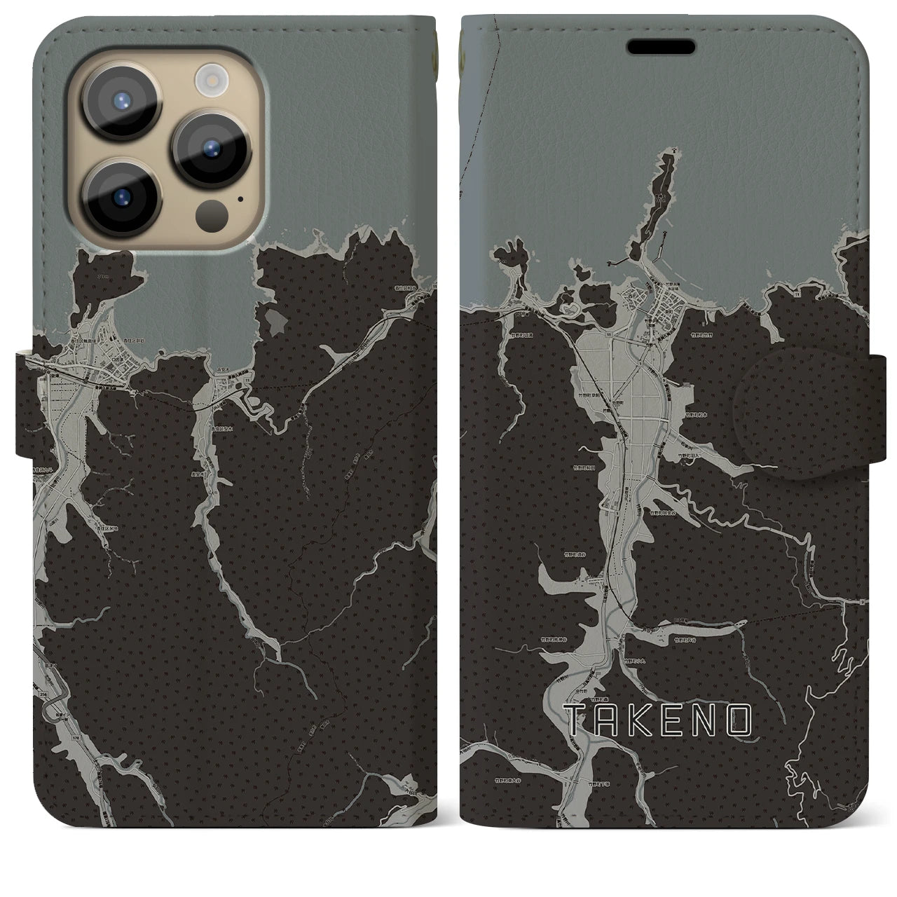 【竹野(兵庫県)】地図柄iPhoneケース(手帳タイプ)モノトーン・iPhone 14 Pro Max 用