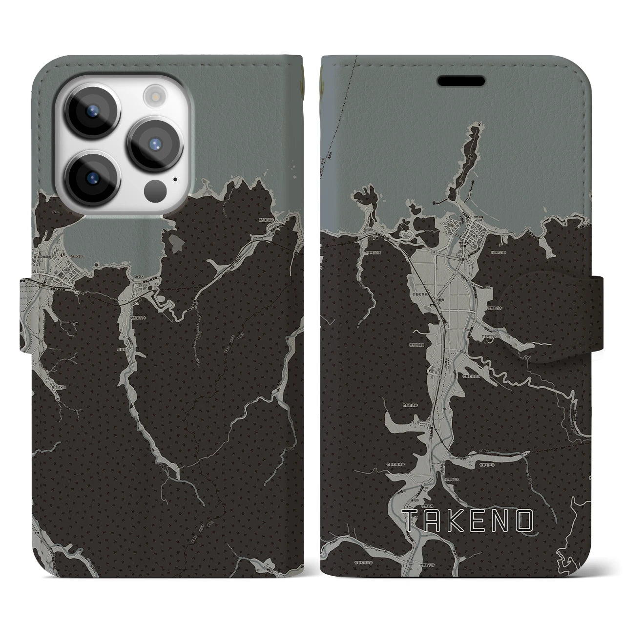 【竹野(兵庫県)】地図柄iPhoneケース(手帳タイプ)モノトーン・iPhone 14 Pro 用