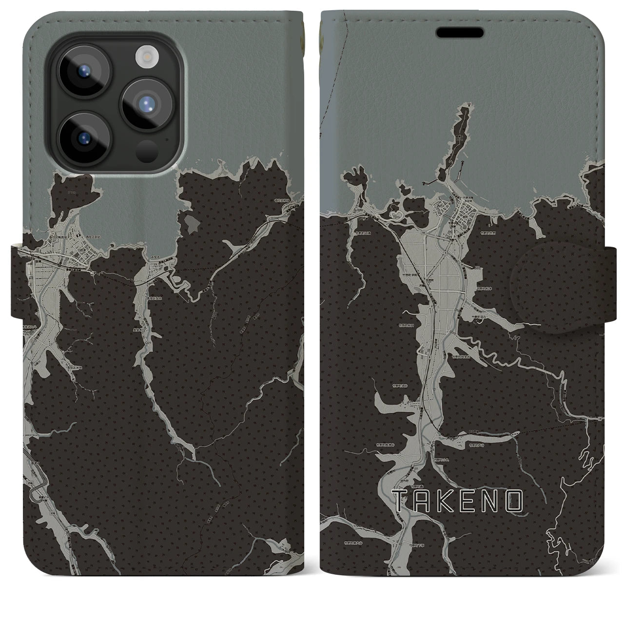 【竹野(兵庫県)】地図柄iPhoneケース(手帳タイプ)モノトーン・iPhone 15 Pro Max 用