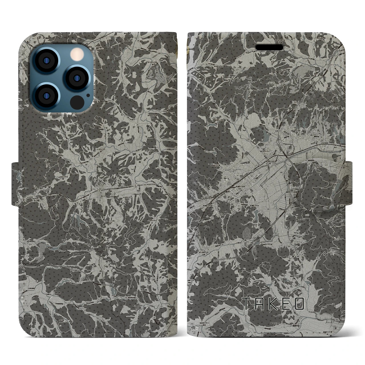 【武雄(佐賀県)】地図柄iPhoneケース(手帳タイプ)モノトーン・iPhone 12 / 12 Pro 用