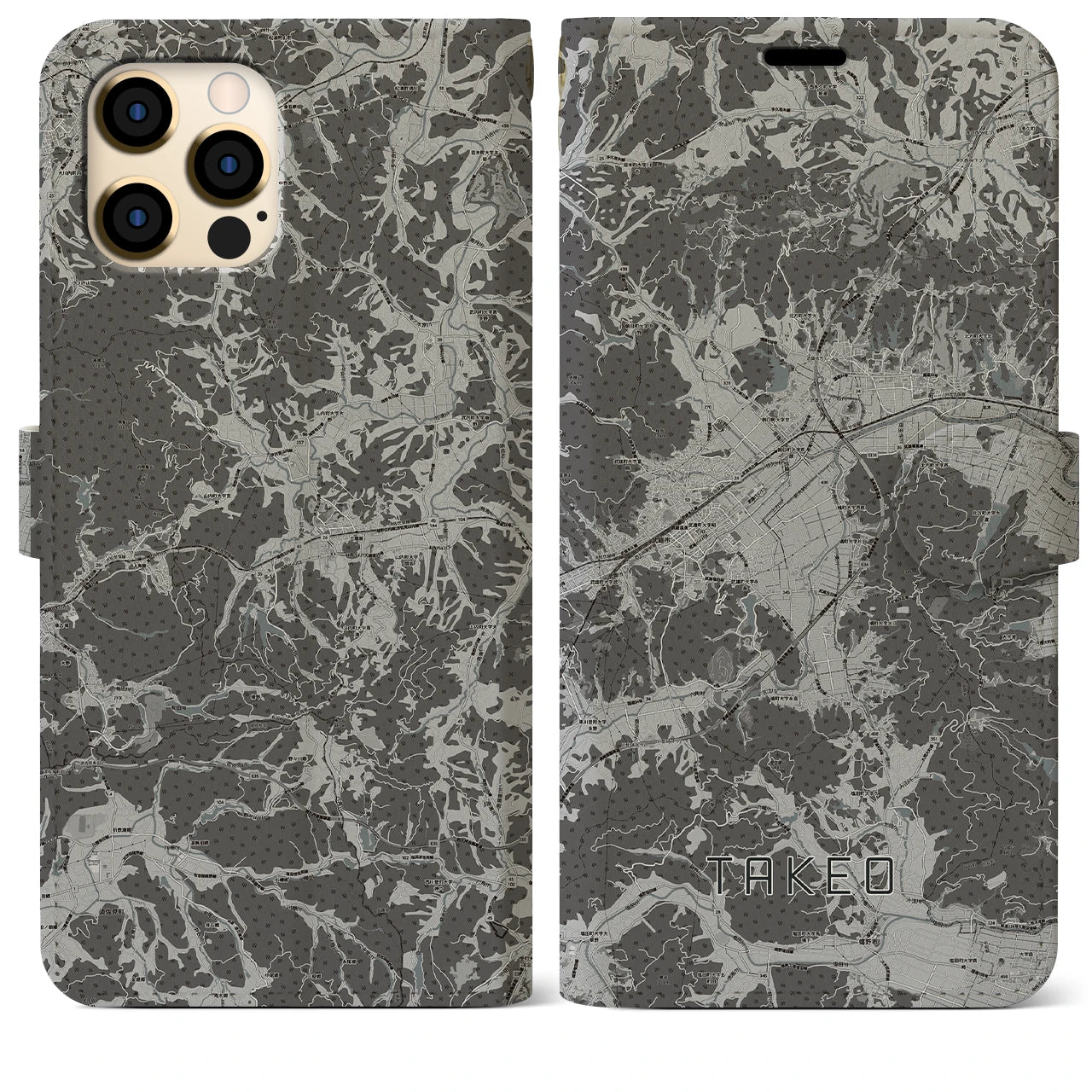 【武雄(佐賀県)】地図柄iPhoneケース(手帳タイプ)モノトーン・iPhone 12 Pro Max 用