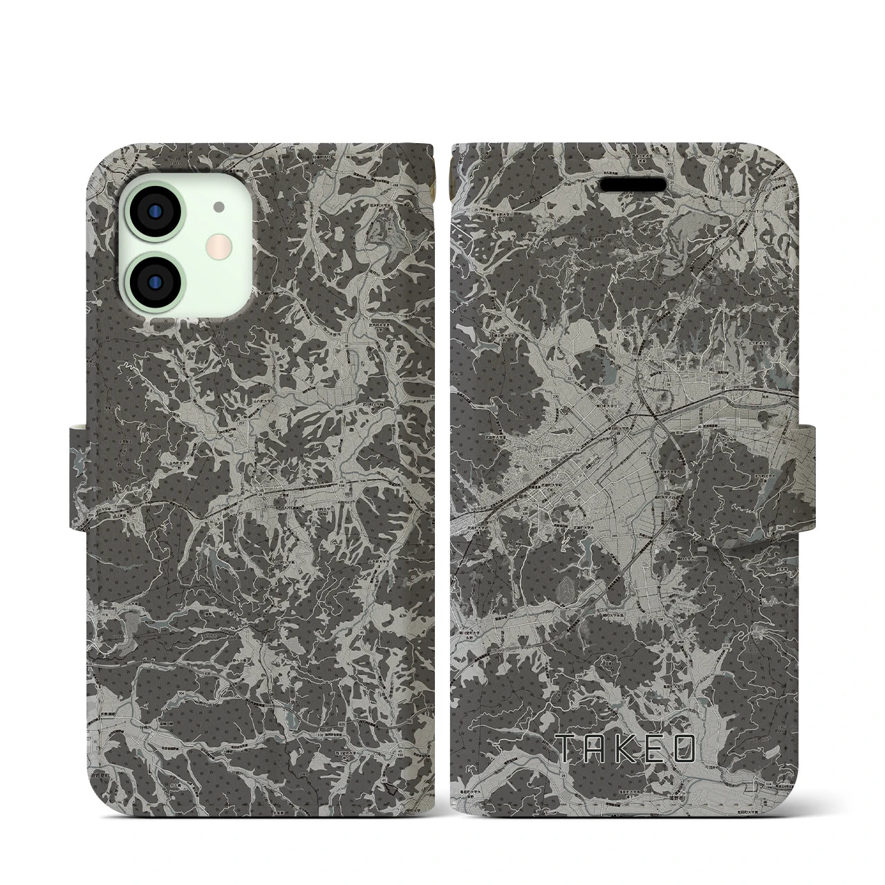 【武雄(佐賀県)】地図柄iPhoneケース(手帳タイプ)モノトーン・iPhone 12 mini 用