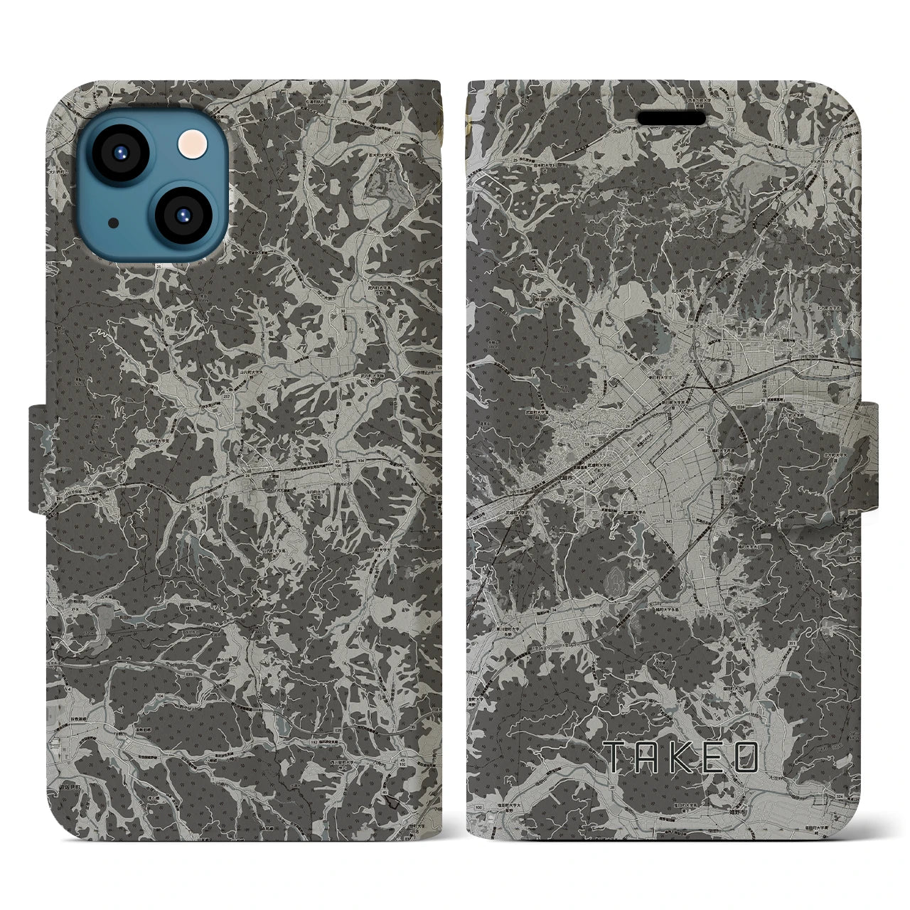 【武雄(佐賀県)】地図柄iPhoneケース(手帳タイプ)モノトーン・iPhone 13 用