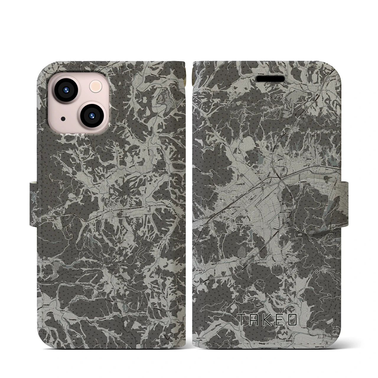 【武雄(佐賀県)】地図柄iPhoneケース(手帳タイプ)モノトーン・iPhone 13 mini 用