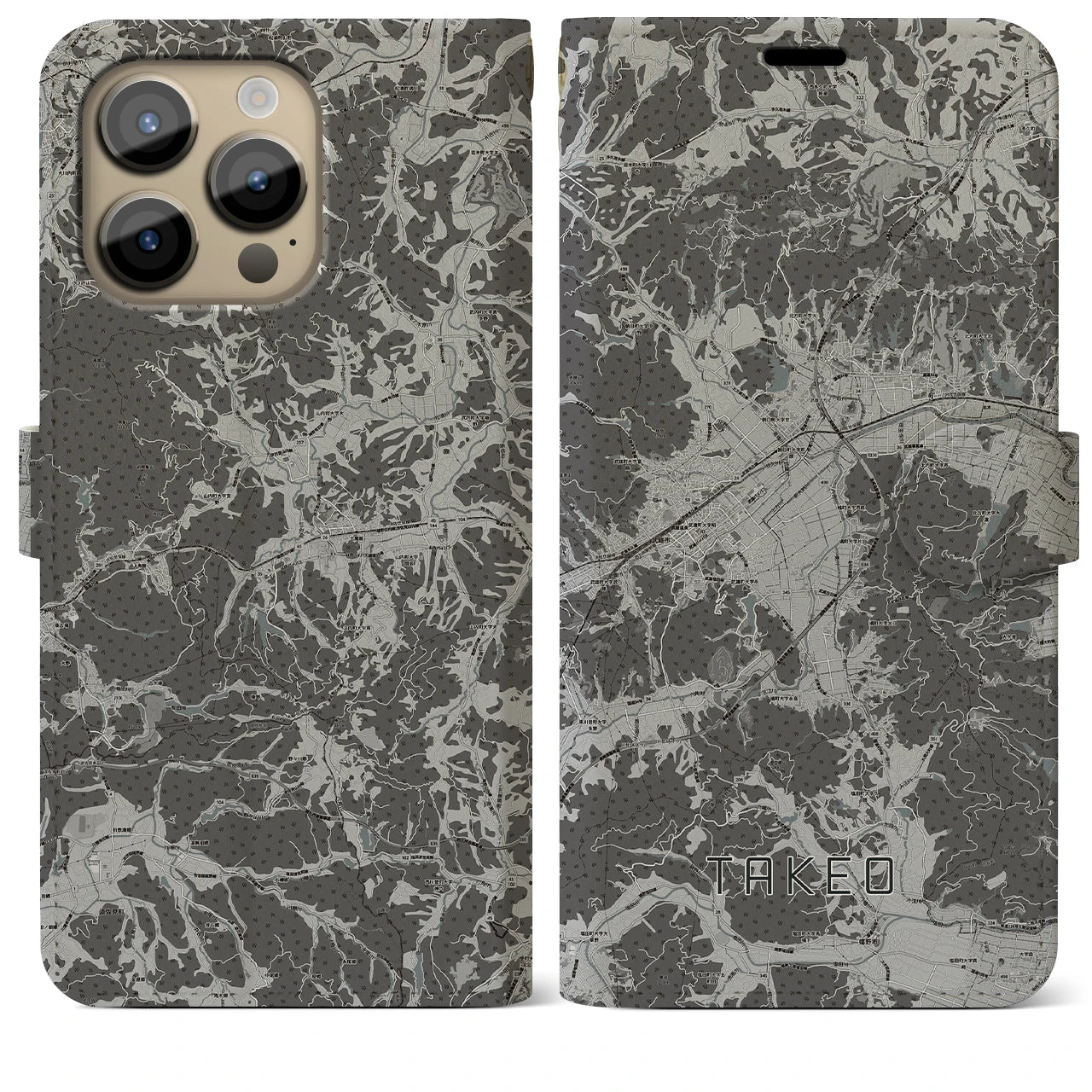 【武雄(佐賀県)】地図柄iPhoneケース(手帳タイプ)モノトーン・iPhone 14 Pro Max 用