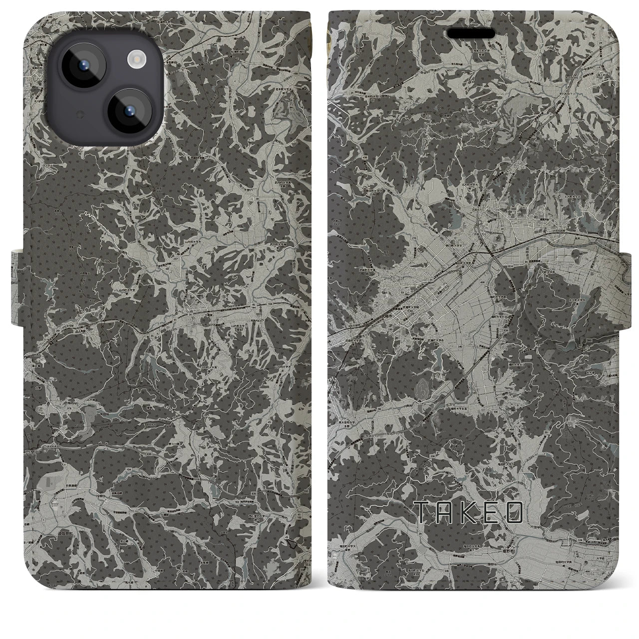 【武雄(佐賀県)】地図柄iPhoneケース(手帳タイプ)モノトーン・iPhone 14 Plus 用