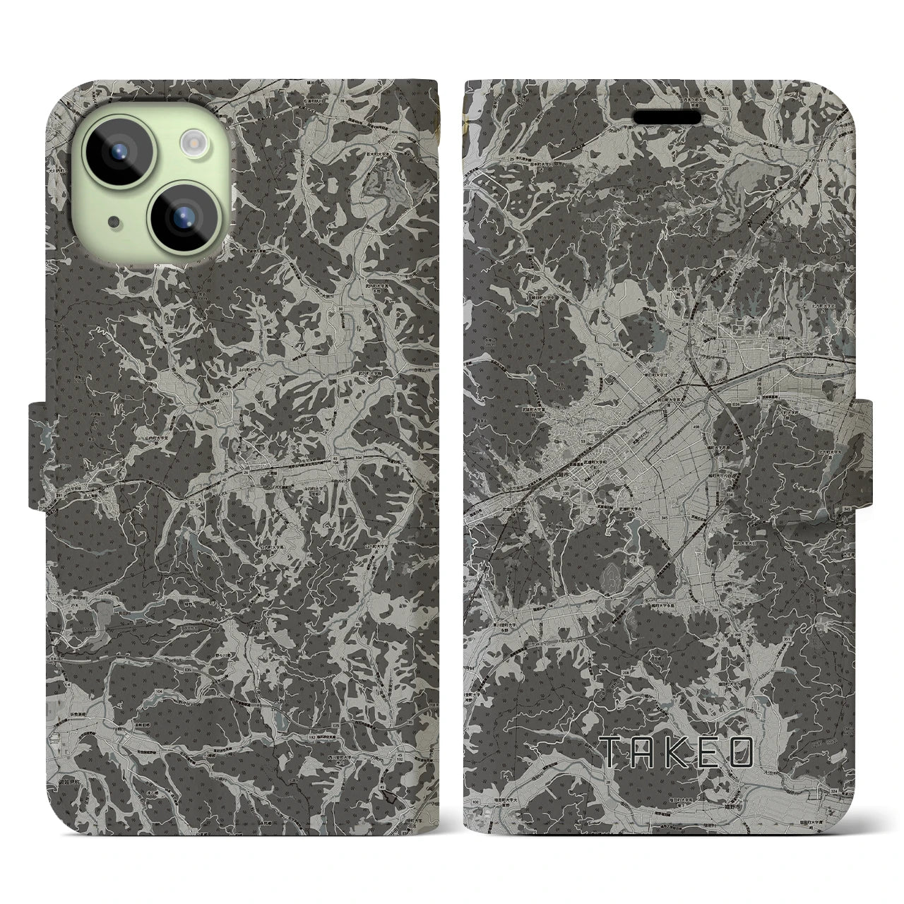 【武雄(佐賀県)】地図柄iPhoneケース(手帳タイプ)モノトーン・iPhone 15 用